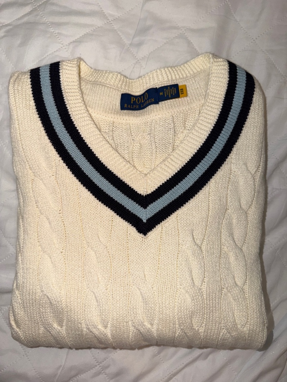 Polo by Ralph Lauren Cream Cable-Knit V-Neck Sweater with Blue Stripes - Picture 4 of 5